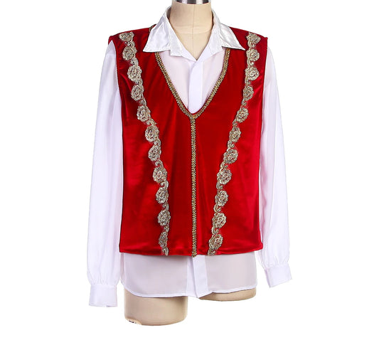 Man Ballet Top Tunic Dance Costume Red Velvet Outfit and White Shirt