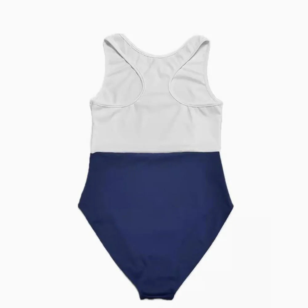 Children Adolescents Gymnastics Ballet Tank Tight Fitting Jumpsuit, Basic Training White And Navy Blue Balet Bodysuit