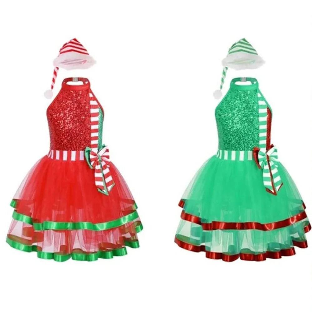Custom Made Girl Christmas Dresses Elf Outfits Red Green Dress Set,Good Quality Christmas Hat Belt Dress Xmas Party Clothes