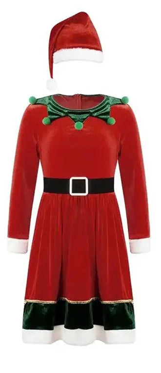 Custom Made Girl Christmas Dresses Elf Outfits Red Green Dress Set,Good Quality Christmas Hat Belt Dress Xmas Party Clothes