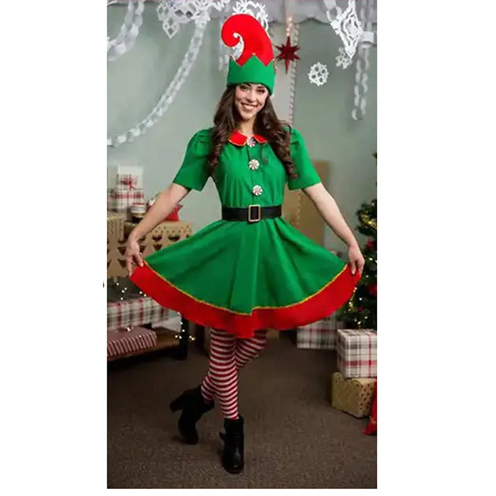 Custom Made Girl Christmas Dresses Elf Outfits Red Green Dress Set,Good Quality Christmas Hat Belt Dress Xmas Party Clothes