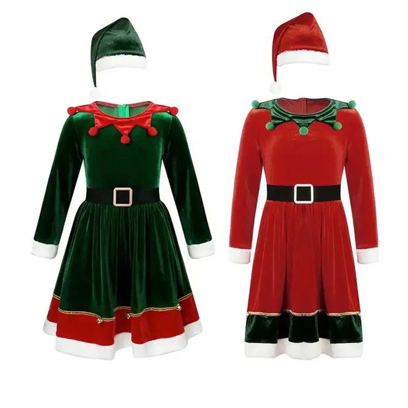 Custom Made Girl Christmas Dresses Elf Outfits Red Green Dress Set,Good Quality Christmas Hat Belt Dress Xmas Party Clothes