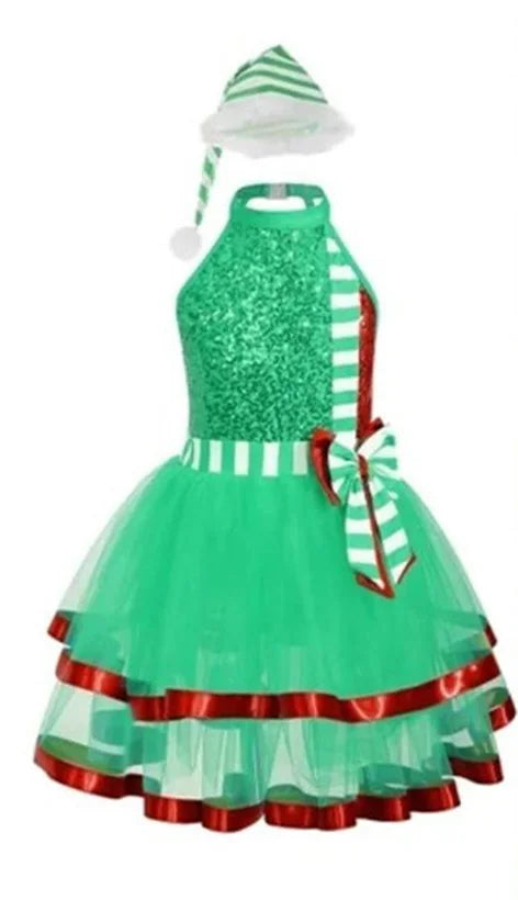 Custom Made Girl Christmas Dresses Elf Outfits Red Green Dress Set,Good Quality Christmas Hat Belt Dress Xmas Party Clothes