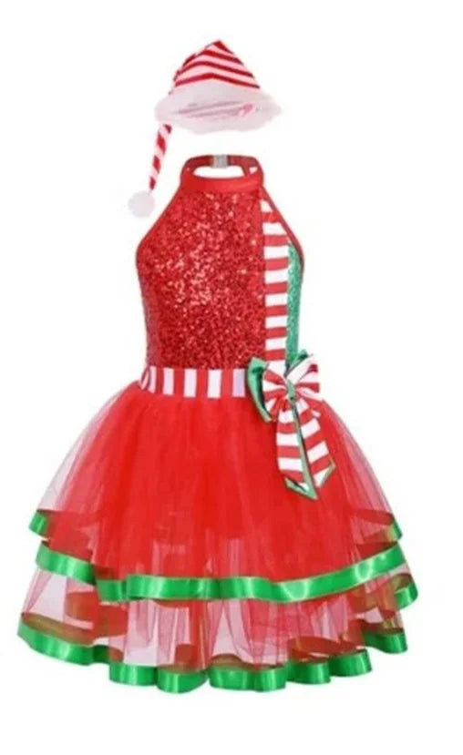 Custom Made Girl Christmas Dresses Elf Outfits Red Green Dress Set,Good Quality Christmas Hat Belt Dress Xmas Party Clothes