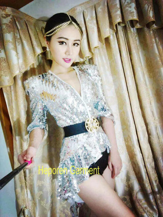 Custom Made Women Sexy Shining Top For Stage Dance,Biyonce Style Bling Bling Coat Jacket Glinted Costume