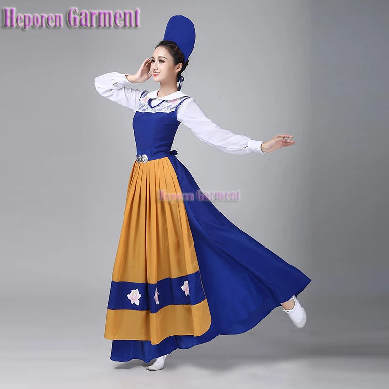 Customized Adult Switzerland Long Dancing Dress In Royal Blue Yellow For Stage,European Dutch Swedish Folk Dance Costumes