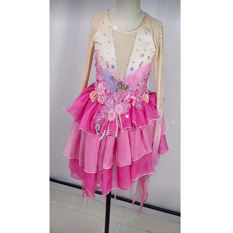 Customized Ballet Dress With Flowers Long Fish Tail Design,Modren Dance Costumes Performance Irregular Hem Dress