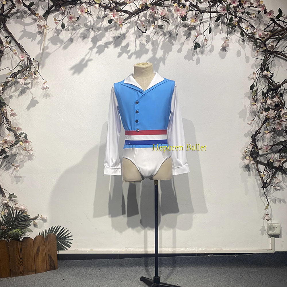 Flames of Paris Man Blue White Ballet Jacket Leotard With Red White Blue Belt,Men Long Sleeves Balet Costumes For Competition