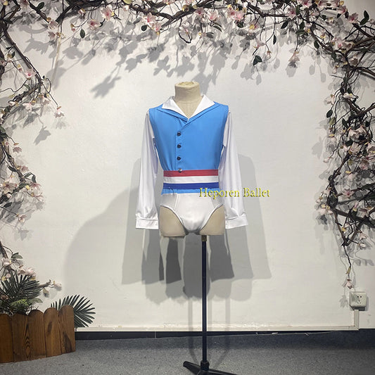 Flames of Paris Man Blue White Ballet Jacket Leotard With Red White Blue Belt,Men Long Sleeves Balet Costumes For Competition