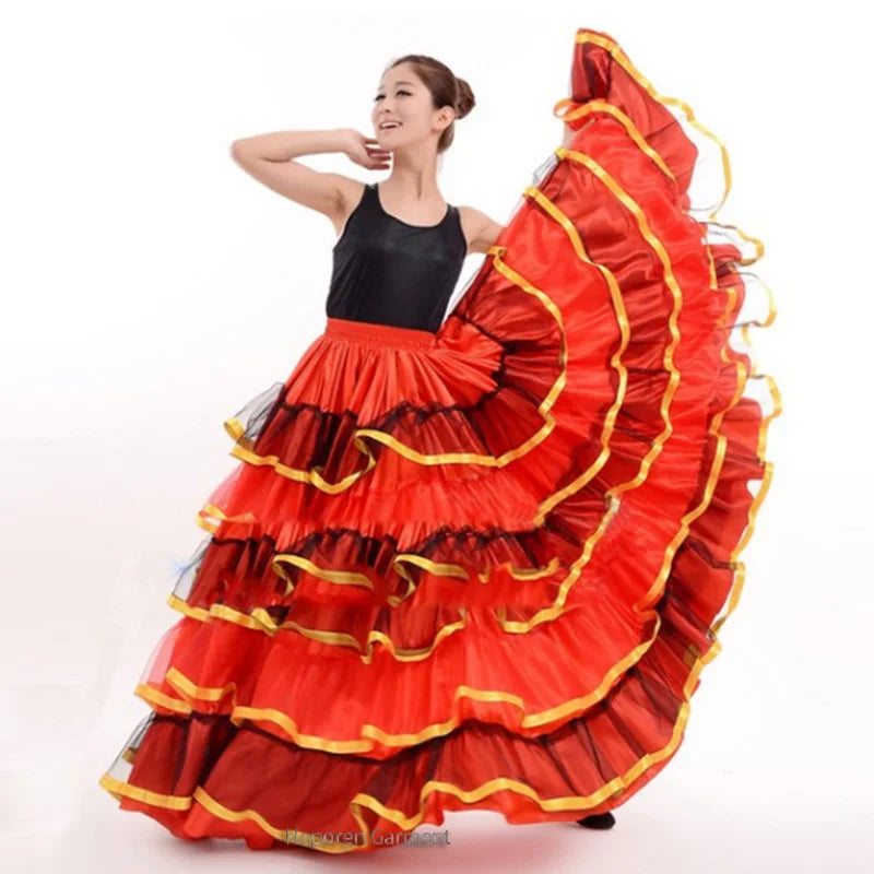 Spanish Red 720 Degree Big Swing Hem Flamenco Skirt Gypsy Bullfight Belly Dance Dress Performance Stage Dance Costume