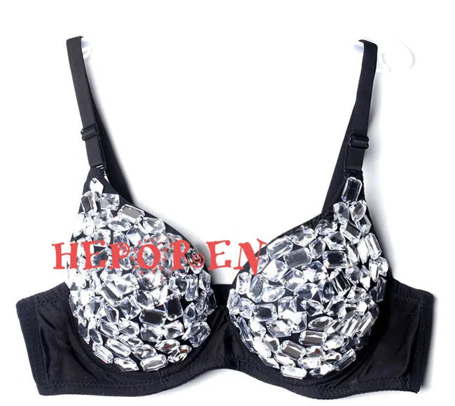 Women Handmade Diamond Brassiere Night Club Crystal Bras Bikini Ballroom Dancing Bras, Female Sexy Silver Sparkling Diamond Bra