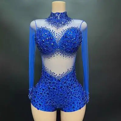 Hollow Neck Hanging Mesh Fabric With Diamond Embellishments Sky Blue Or Other Color Slim Fitting High Elastic Zipper Jumpsuit