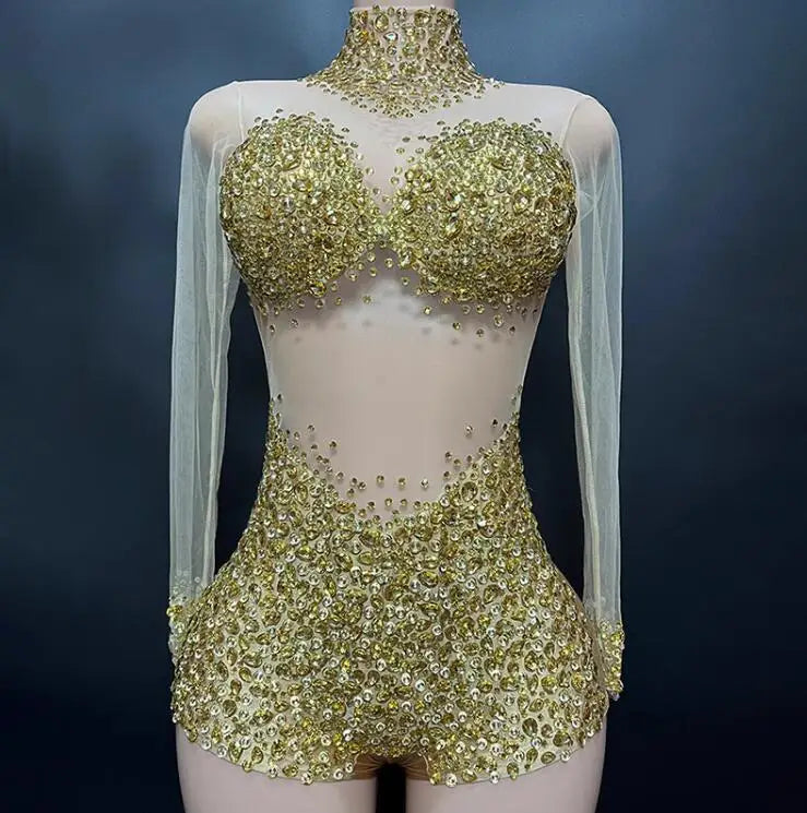 Hollow Neck Hanging Mesh Fabric With Diamond Embellishments Sky Blue Or Other Color Slim Fitting High Elastic Zipper Jumpsuit