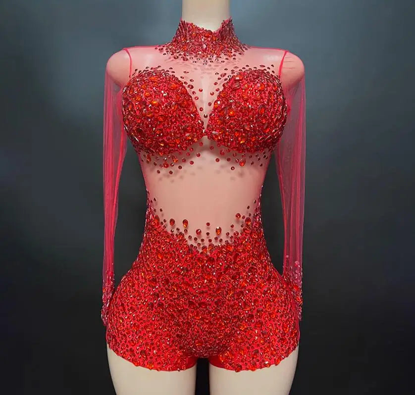 Hollow Neck Hanging Mesh Fabric With Diamond Embellishments Sky Blue Or Other Color Slim Fitting High Elastic Zipper Jumpsuit