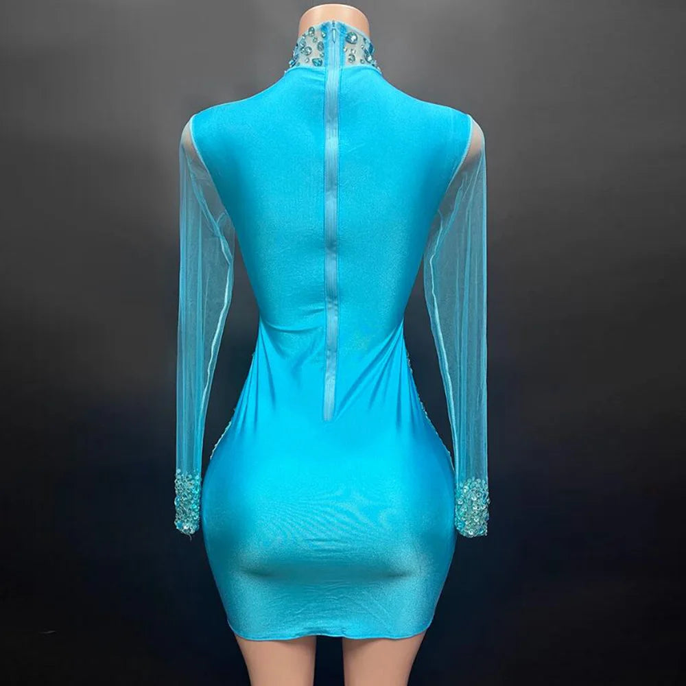 Hollow Neck Hanging Mesh Fabric With Diamond Embellishments Sky Blue Or Other Color Slim Fitting High Elastic Zipper Jumpsuit