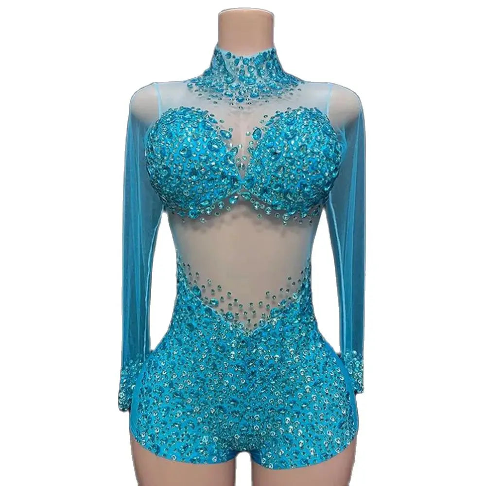 Hollow Neck Hanging Mesh Fabric With Diamond Embellishments Sky Blue Or Other Color Slim Fitting High Elastic Zipper Jumpsuit
