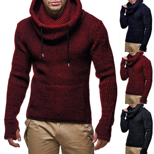 New Winter Casual Pure Color Pile Neck With Drawcord Pullover Sweater For Men