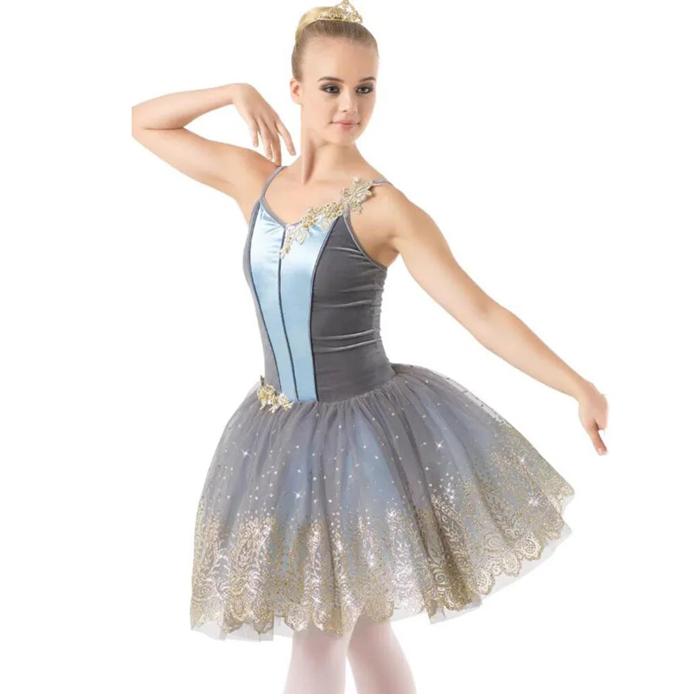 Professional Girl And Women Light Purple Ballet Dance Long Dresses, Velvet Tops And Hot Stamping Embroidered Lace Skirt