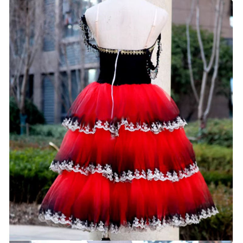 Red Black Don Quixote Ballet Long Dress Gradient Costumes For International Ballet Competition,Spanish Ballet Romantic Dresses