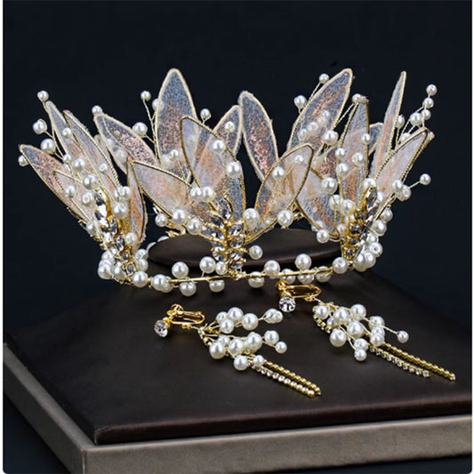 Ballet Headwear Women's Handmade Leaf Shaped Pearl Dance Beaded Headdress With Jewelry,Rhinestone Crown Birthday Headpiece
