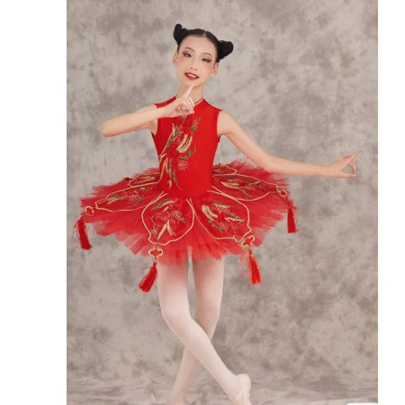 Red Ballet Tutu Dress With Chinese Knot For Stage Performance,Hard Net Chinese Style Ballet Dance Pancake Tutus