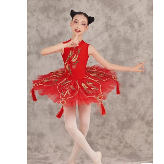 Red Ballet Tutu Dress With Chinese Knot For Stage Performance,Hard Net Chinese Style Ballet Dance Pancake Tutus