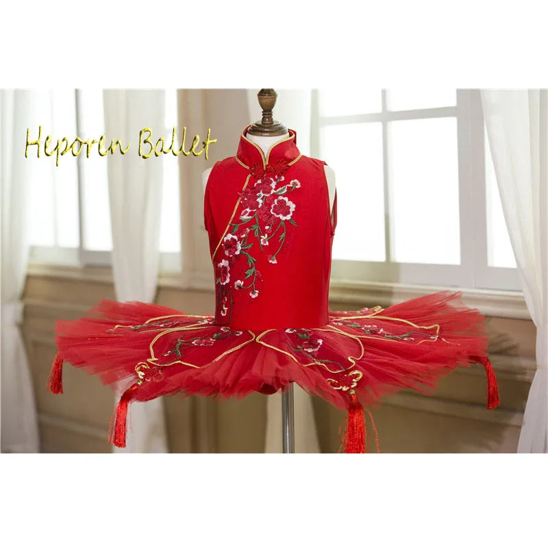 Red Ballet Tutu Dress With Chinese Knot For Stage Performance,Hard Net Chinese Style Ballet Dance Pancake Tutus