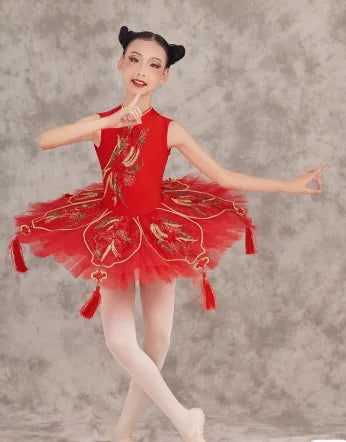 Red Ballet Tutu Dress With Chinese Knot For Stage Performance,Hard Net Chinese Style Ballet Dance Pancake Tutus