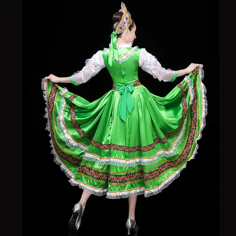 Russian Folk Dance Dress Costume Big Swing Hem,European Style Gorgeous Green Palace Dress Princess Maid Costume Stage Performanc