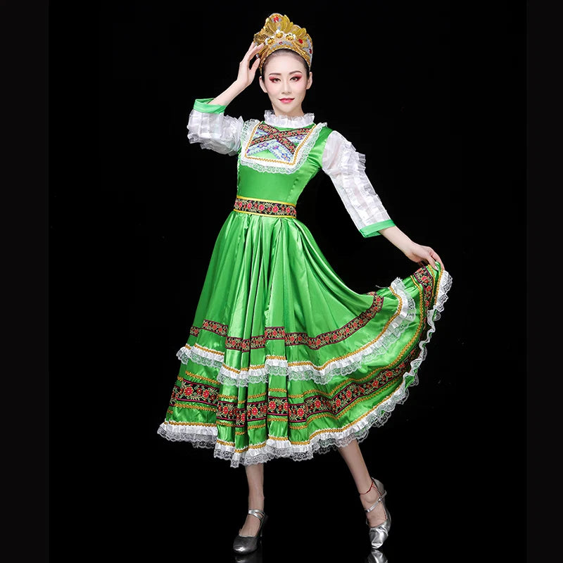 Russian Folk Dance Dress Costume Big Swing Hem,European Style Gorgeous Green Palace Dress Princess Maid Costume Stage Performanc