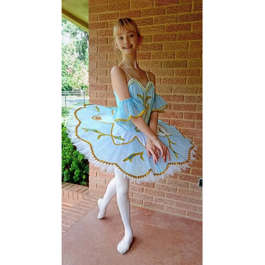 Girl Sky Blue Lace Top Ballet Tutu With Adjustable Shoulder Straps For Performance