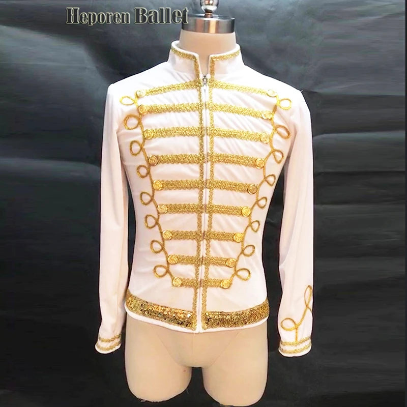 Men's Slim Fit Decorated In Gold Or Silver Ballet Jackets Top With Long Sleees For Prince Desire Or Sugar Plum's Cavalier Stage