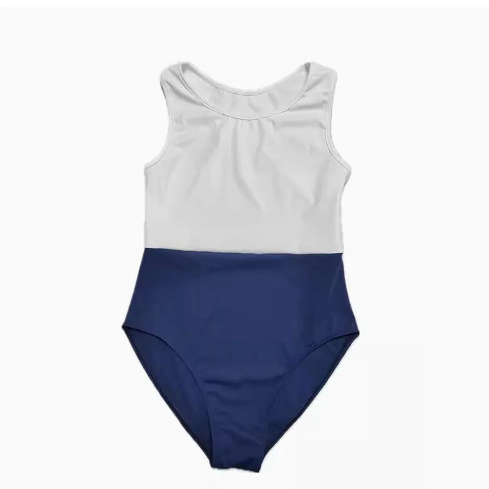 Children Adolescents Gymnastics Ballet Tank Tight Fitting Jumpsuit, Basic Training White And Navy Blue Balet Bodysuit