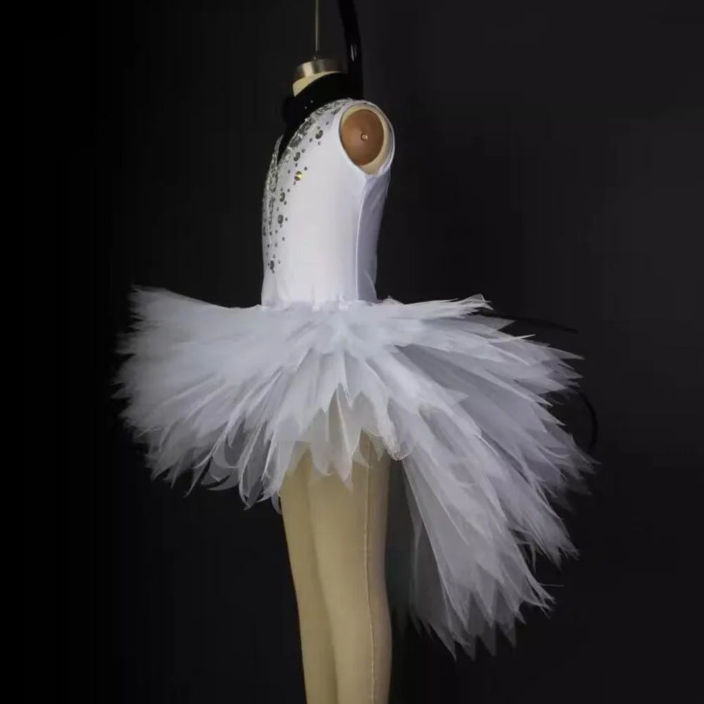 Children's White Bird Ballet Skirt With Short Front And Long Back Hem