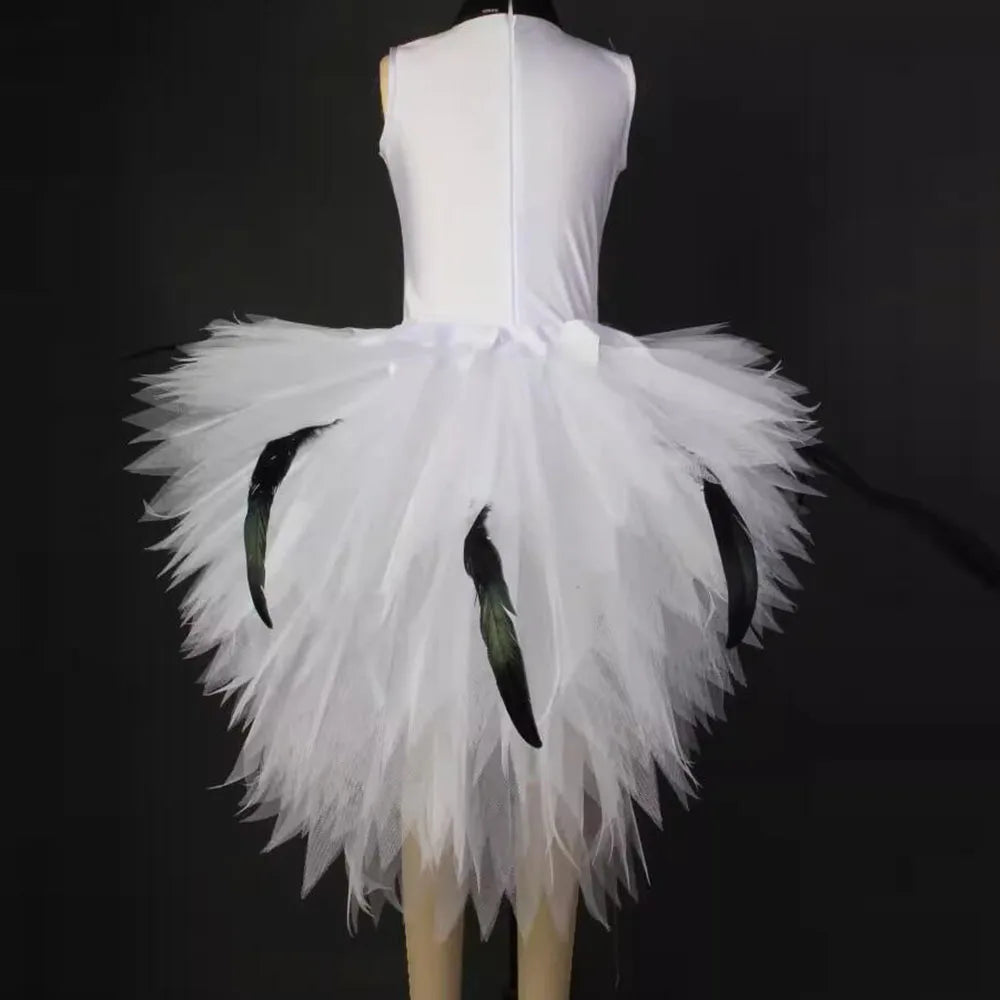 Children's White Bird Ballet Skirt With Short Front And Long Back Hem