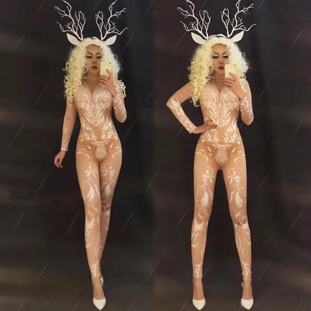 Sexy Fake Perspective Bodysuit Bar Singer Dancer Cosplay Suit, Christmas Awards Ceremony Performance Jumpsuit With Headwear