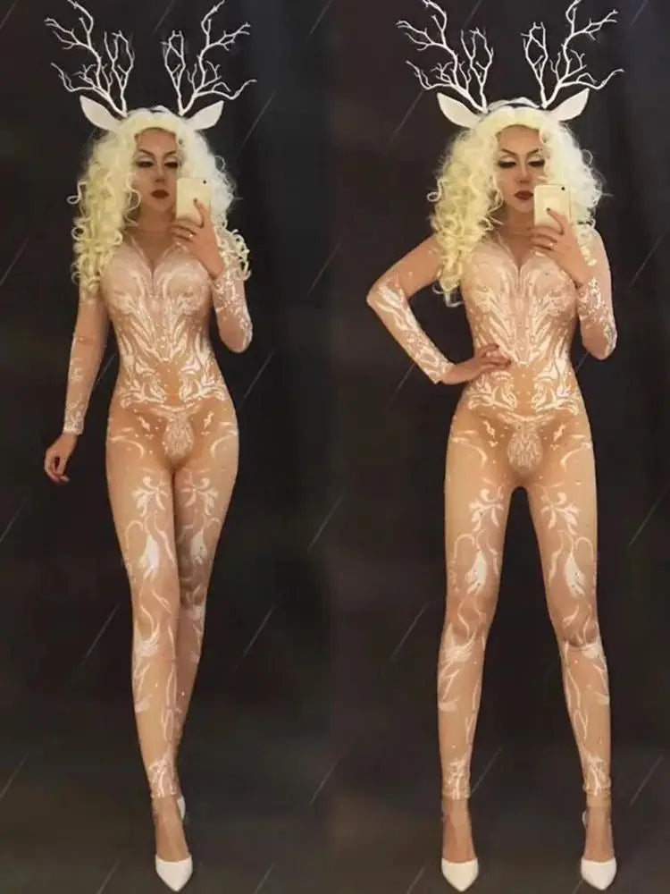 Sexy Fake Perspective Bodysuit Bar Singer Dancer Cosplay Suit, Christmas Awards Ceremony Performance Jumpsuit With Headwear