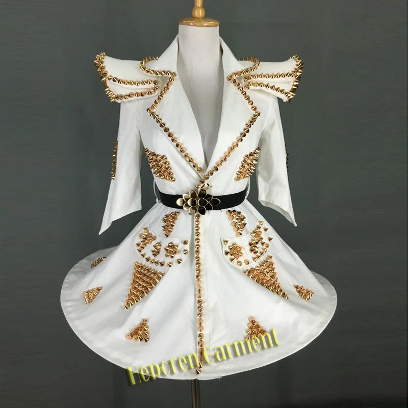 Shining Lady Sexy Star Style Puffy Skirt Personality Pad White Suit Skirt With Rivet,Nightclub Guest Singer Performance Clothes