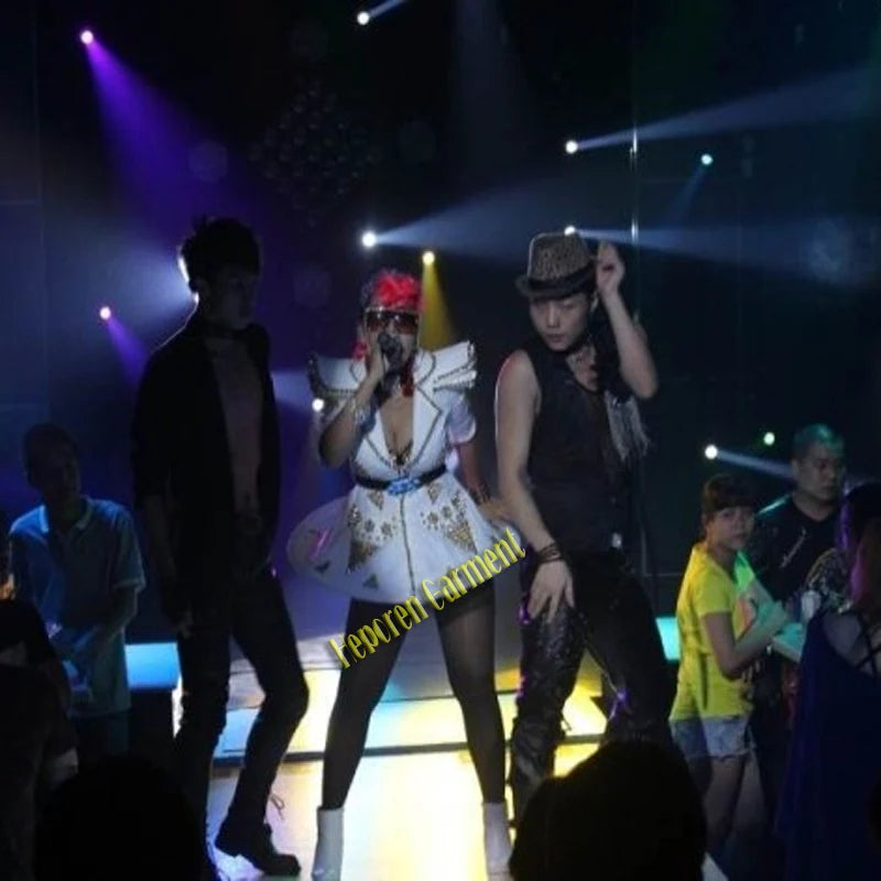 Shining Lady Sexy Star Style Puffy Skirt Personality Pad White Suit Skirt With Rivet,Nightclub Guest Singer Performance Clothes