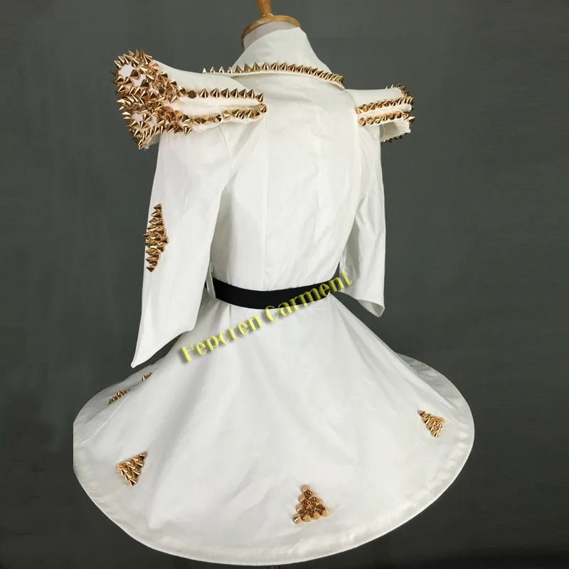 Shining Lady Sexy Star Style Puffy Skirt Personality Pad White Suit Skirt With Rivet,Nightclub Guest Singer Performance Clothes