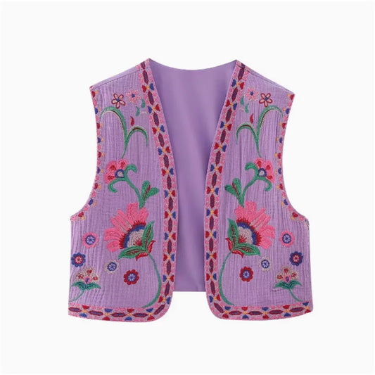 Various Colors Women French Vintage Sleeveless Loose Embroidered Crop Top with Floral Pattern