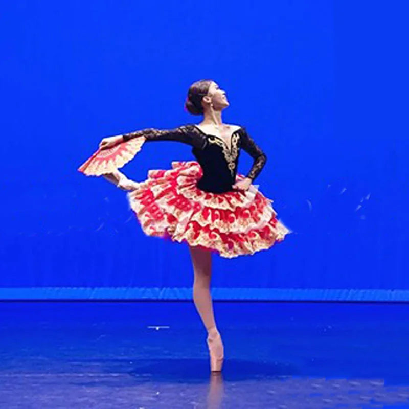 Women Adult Black Red Long Sleeve Ballet Tutu Dress Don Quixote Ballet Tutu Skirt Professional Classical Ballerina Stage Costume