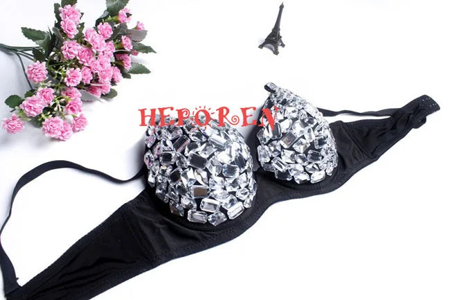 Women Handmade Diamond Brassiere Night Club Crystal Bras Bikini Ballroom Dancing Bras, Female Sexy Silver Sparkling Diamond Bra