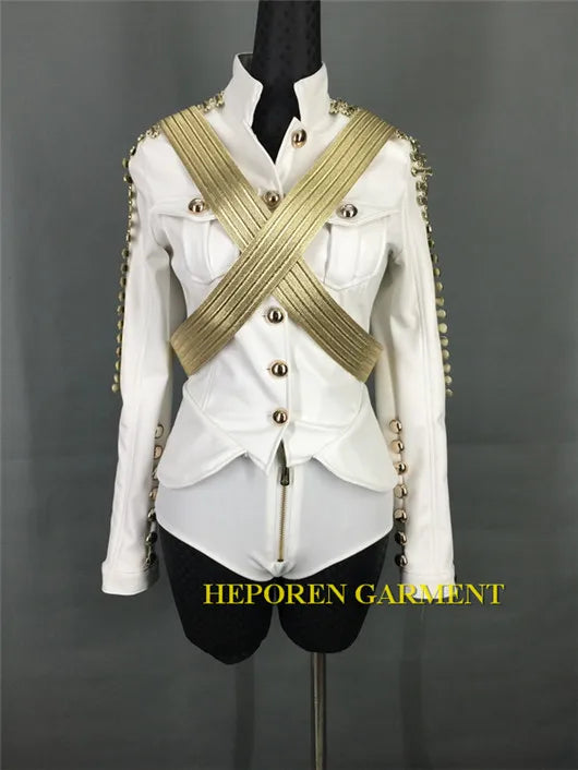 Women Sexy Club Jumpsuits Black Leather,B Eyonce Style Bodysuit Military Costumes Customized Coat Pants Singer