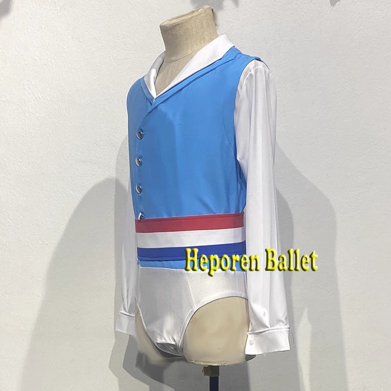 Flames of Paris Man Blue White Ballet Jacket Leotard With Red White Blue Belt,Men Long Sleeves Balet Costumes For Competition
