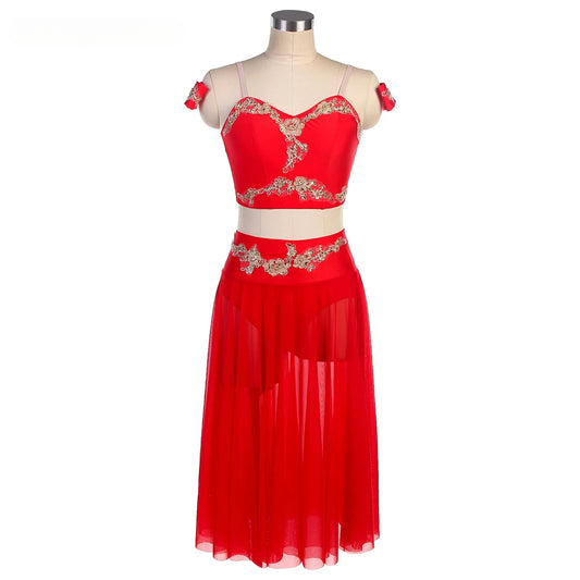 Custom Made Adult Or Child 2 Pcs Romantic Ballet Tutu Red Spandex Bra Top with Red Long Tutu Skirt Girls