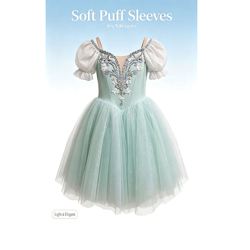 Light Green Romantic Long Ballet Dress With Sparkling Embroidery Rhinestone Green Fairy Ballet Costume