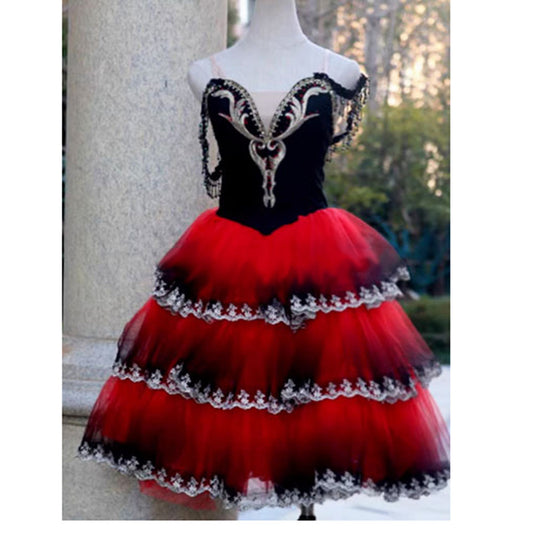 Red Black Don Quixote Ballet Long Dress Gradient Costumes For International Ballet Competition,Spanish Ballet Romantic Dresses