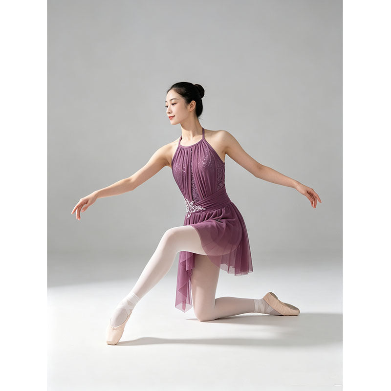Halter Lyrical Ballet Dance Costume With Built In Asymmetrical Skirt,Lace Sequin Asymmetrical Mesh Ballet Dress for Women