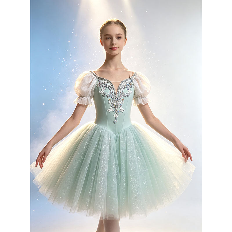 Light Green Romantic Long Ballet Dress With Sparkling Embroidery Rhinestone Green Fairy Ballet Costume
